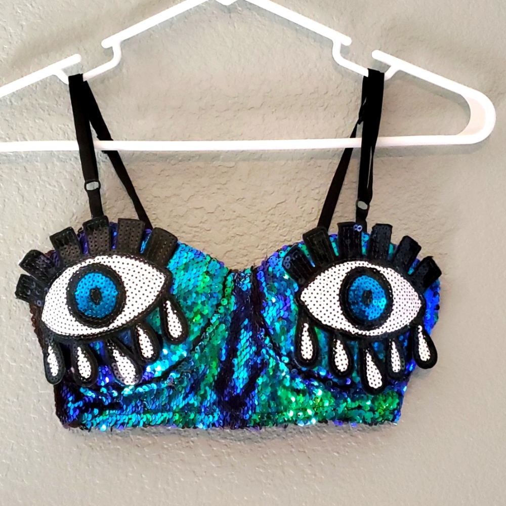 Festival/Rave/Burning Man blue and green sequined top with eyes!